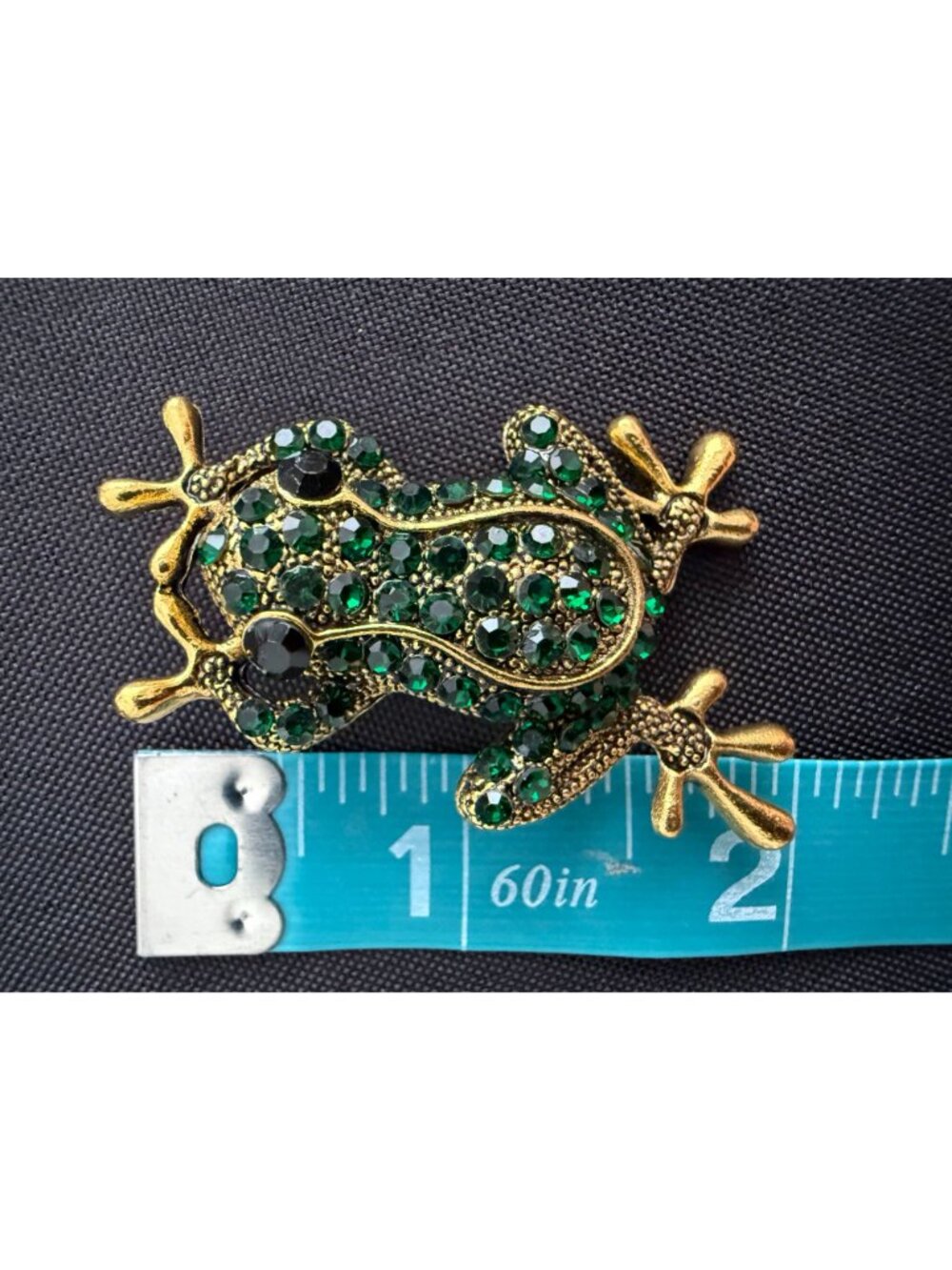 Emerald Green Rhinestone Frog Brooch – Black Crystal Eyes, Antique Gold-Tone Sta - Picture 2 of 3